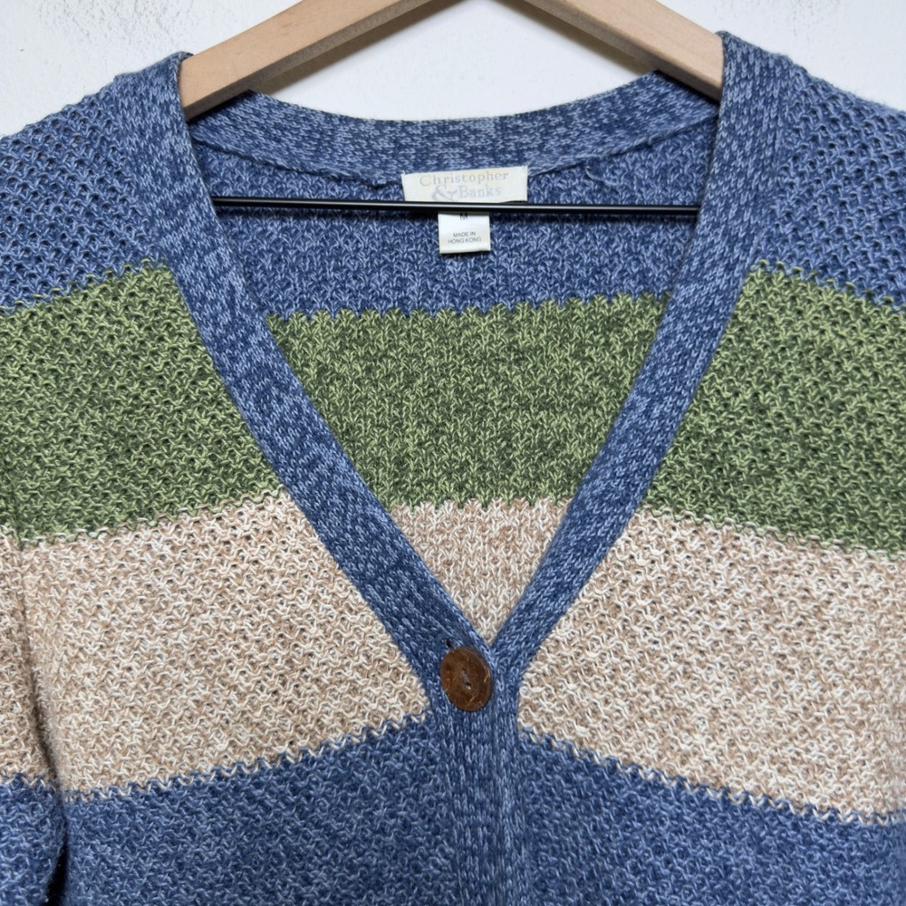 VTG 90s Women Cotton Ramie Cardigan Sweater M Blue Green Goblin Gremlin Forest - Picture 2 of 8